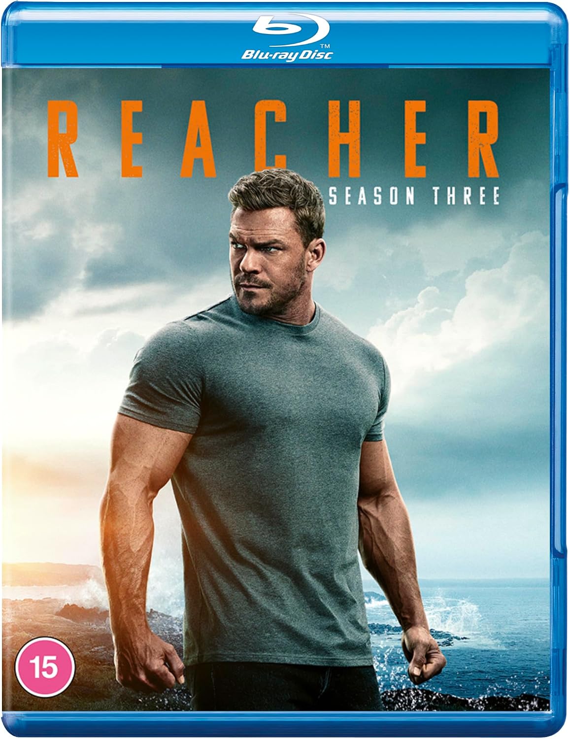 “Reacher” Season Three Blu-ray cover featuring Alan Ritchson in a gray t-shirt.