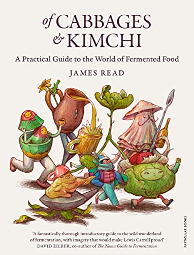 Book cover with illustrated vegetables and figures, titled "Of Cabbages & Kimchi.