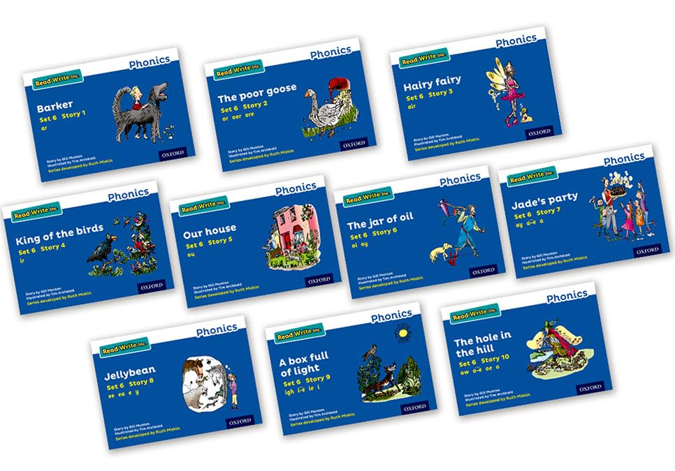 Ten colorful children’s storybooks from the Read Write Inc. Phonics Blue Set 6.