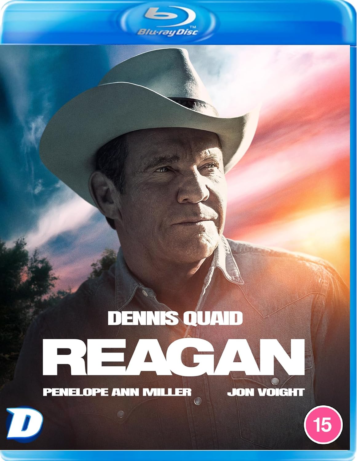 Blu-ray cover for "Reagan" featuring Dennis Quaid in a cowboy hat.