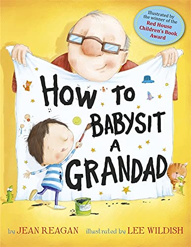Book cover: a child “babysits” a large grandad with playful illustrations.
