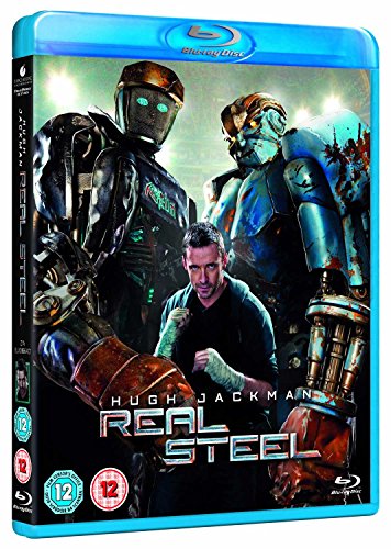 Hugh Jackman stands between two fighting robots on the Real Steel Blu-ray cover.