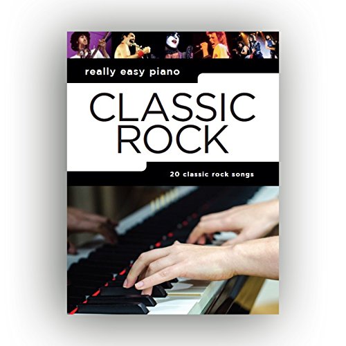 Music book cover titled Really Easy Piano Classic Rock featuring rock musicians and piano keys.