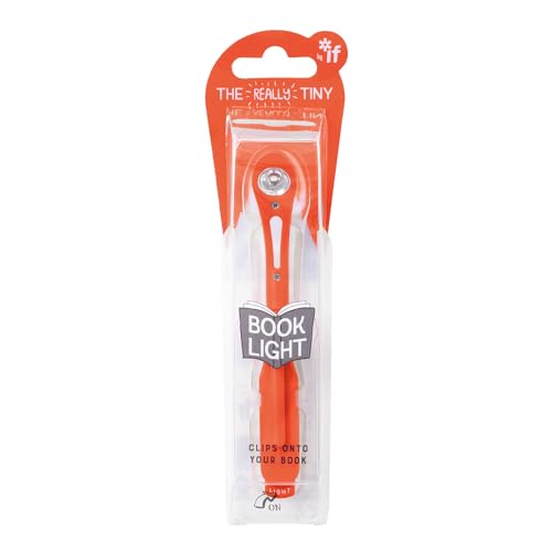 Orange plastic book light in clear plastic packaging, with text.