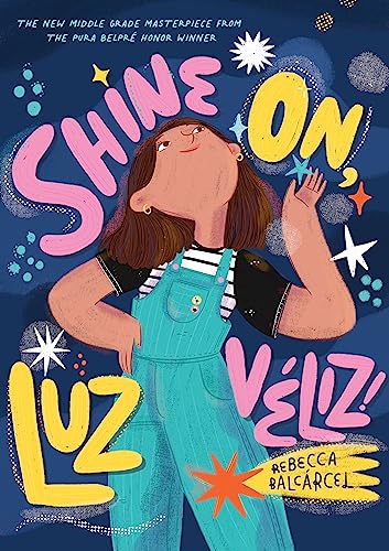 Book cover featuring a girl in teal overalls looking up at colorful text.