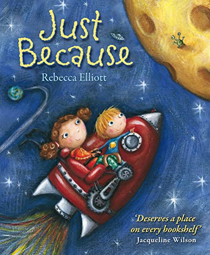 Children in a red rocket ship fly through a starry night sky.