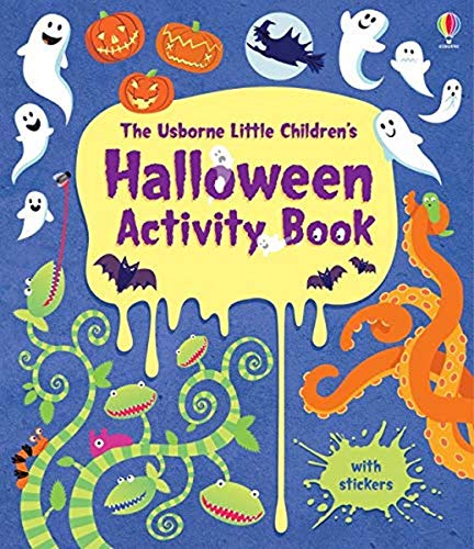 Halloween activity book cover with ghosts, pumpkins, a monster, and stickers.