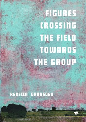 Book cover with abstract teal and pink background, green field, trees.