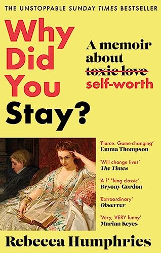 Book cover: “Why Did You Stay?” with a woman reading, yellow background.