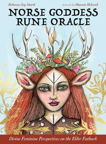 Illustration of a woman with antlers and flowers, oracle card cover.