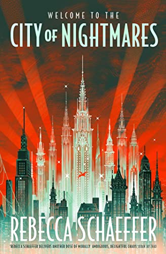 Book cover art featuring a stylized, glowing city skyline against a dramatic red background.