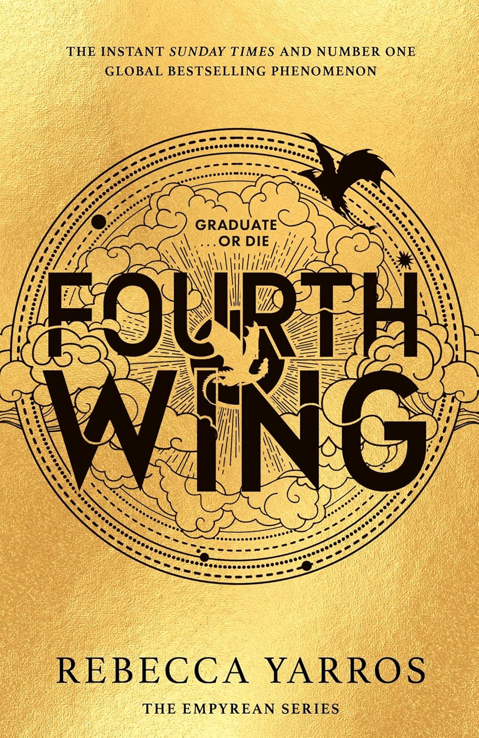 Gold-covered book "Fourth Wing" by Rebecca Yarros, with text and dragon design.