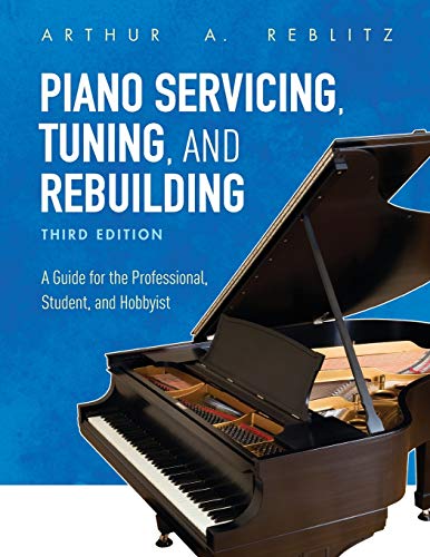 Book cover: "Piano Servicing, Tuning, and Rebuilding" with a grand piano.