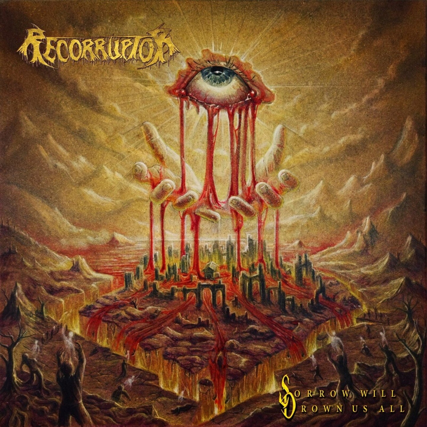 Dark fantasy album cover with a weeping eye over a ruined city.
