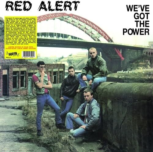 Red Alert album cover featuring four men in front of a bridge.