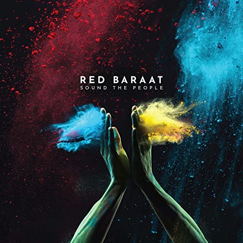 Two hands reaching up with colorful powder explosions against a black background.