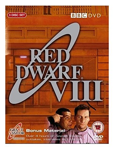 DVD cover for "Red Dwarf Series 8" with two men and silver title.