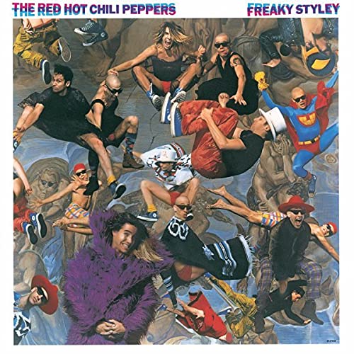 Album cover for Red Hot Chili Peppers’ “Freaky Styley” with band members in action.