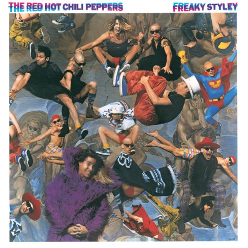 Red Hot Chili Peppers’ “Freaky Styley” album cover with a chaotic group portrait.