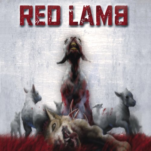 Album cover: a distressed lamb with other lambs and gore in red grass.