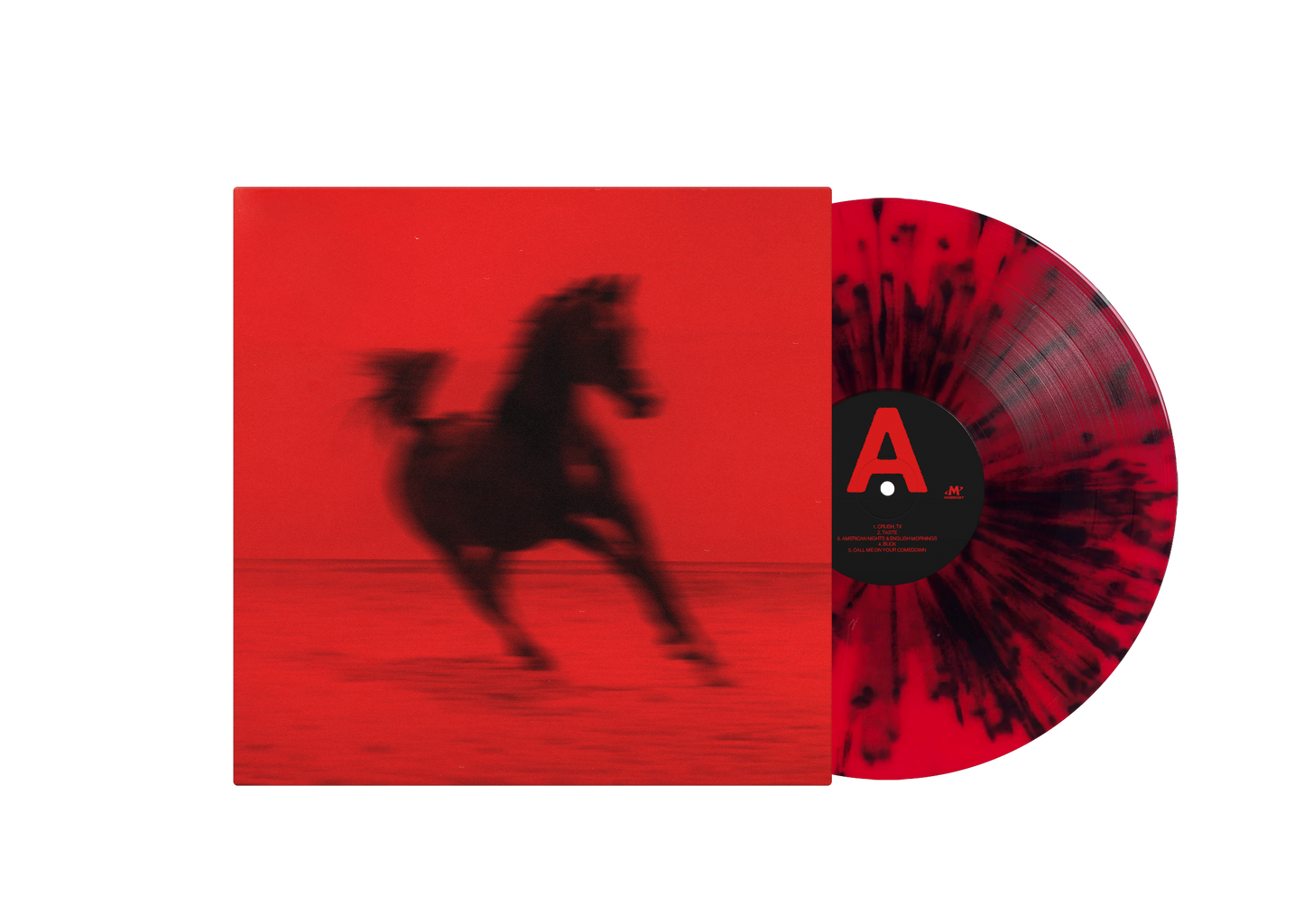 Red and black splatter vinyl record with a horse silhouette.