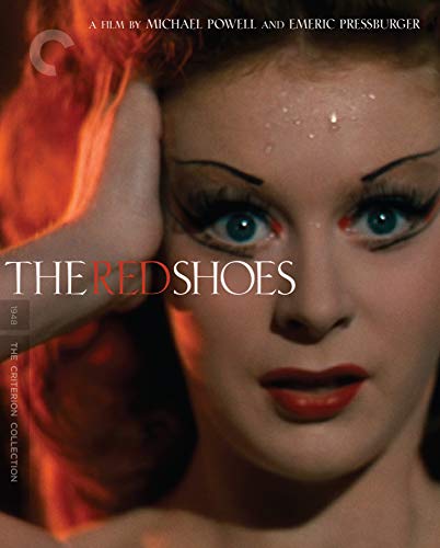 Close-up of a woman with dramatic makeup, film title “The Red Shoes”.