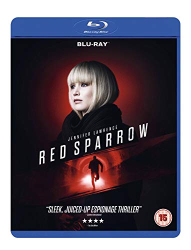 Red Sparrow Blu-ray cover featuring Jennifer Lawrence and a silhouetted figure.