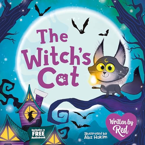 Book cover: gray cat with yellow eyes, moon, bats, and a witch's house.
