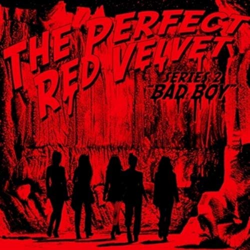 Red Velvet repackage album cover, red background, silhouettes of five figures.