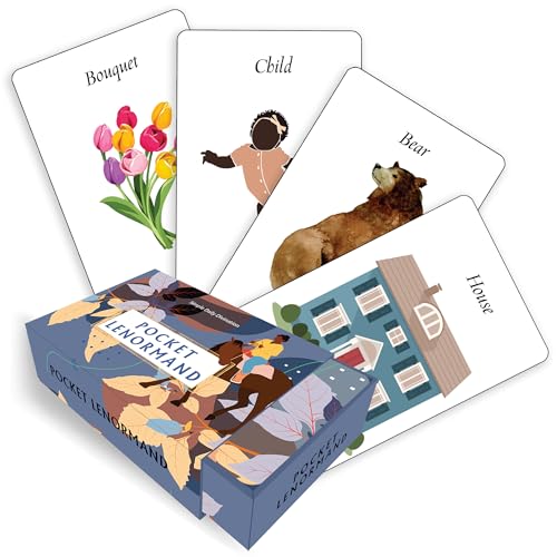 Lenormand card deck and box with floral, animal, and house imagery.