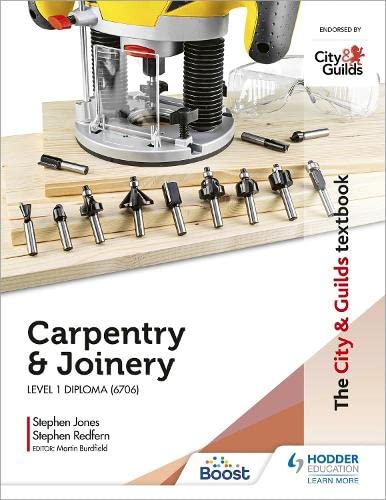 Carpentry & Joinery textbook cover with router, bits, and safety glasses.