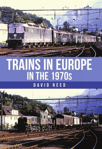 Book cover: European diesel trains traveling through a mountainous landscape, 1970s.