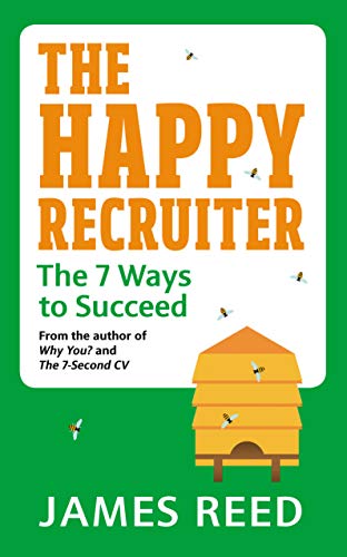 Book cover: "The Happy Recruiter" with a beehive and bees illustration.