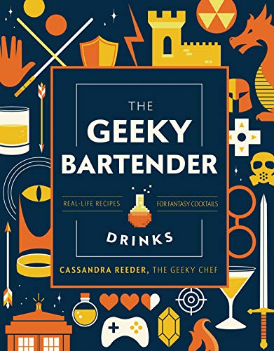Book cover with fantasy icons and title "The Geeky Bartender Drinks.