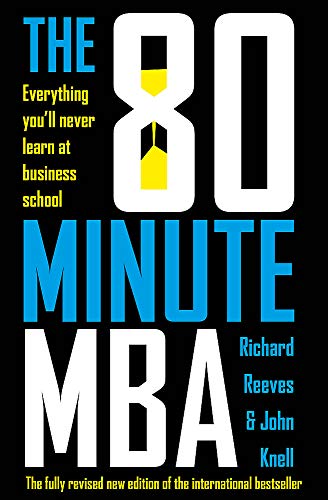 Book cover: "The 80 Minute MBA" with hourglass graphic, black background.
