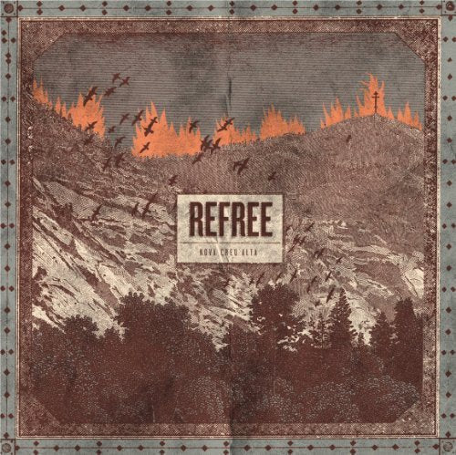 Vinyl record cover with illustrated landscape of mountains and burning forest.
