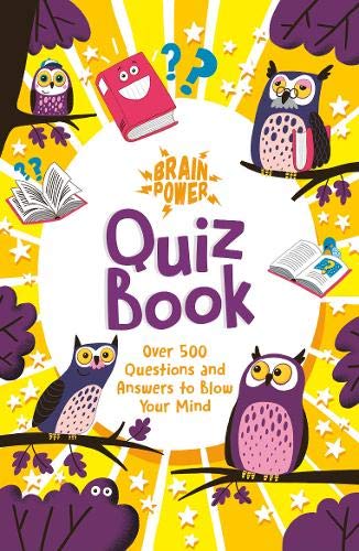 Quiz book cover with owls, open books, and a yellow starburst background.