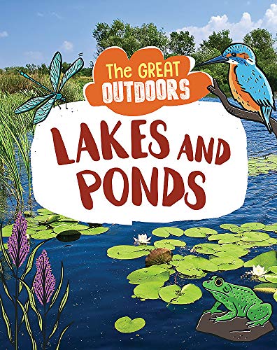 Book cover titled Lakes and Ponds featuring a kingfisher, dragonfly, frog, and lily pads.