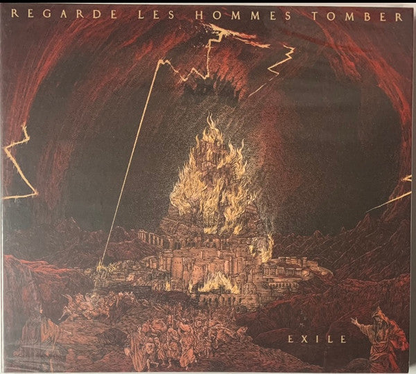 Dark, detailed illustration of a burning city with falling figures.