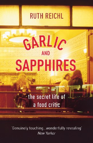 Book cover: "Garlic and Sapphires" with a restaurant interior scene.