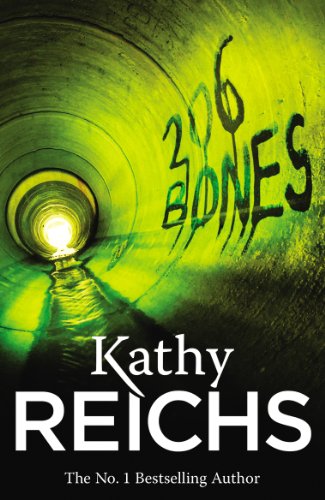 Book cover: green tunnel, graffiti "206 Bones", author Kathy Reichs.