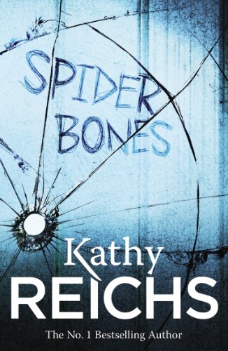 Book cover for Spider Bones by Kathy Reichs featuring a shattered blue glass background.
