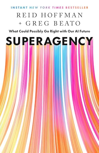 Book cover titled Superagency with text and vertical colorful light streaks on white background.