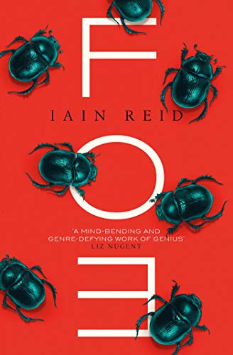 Book cover with the title Foe in white letters surrounded by shiny blue beetles.