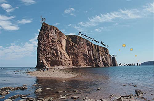 A large rock formation in the ocean with text overlays including Arcanum 17.