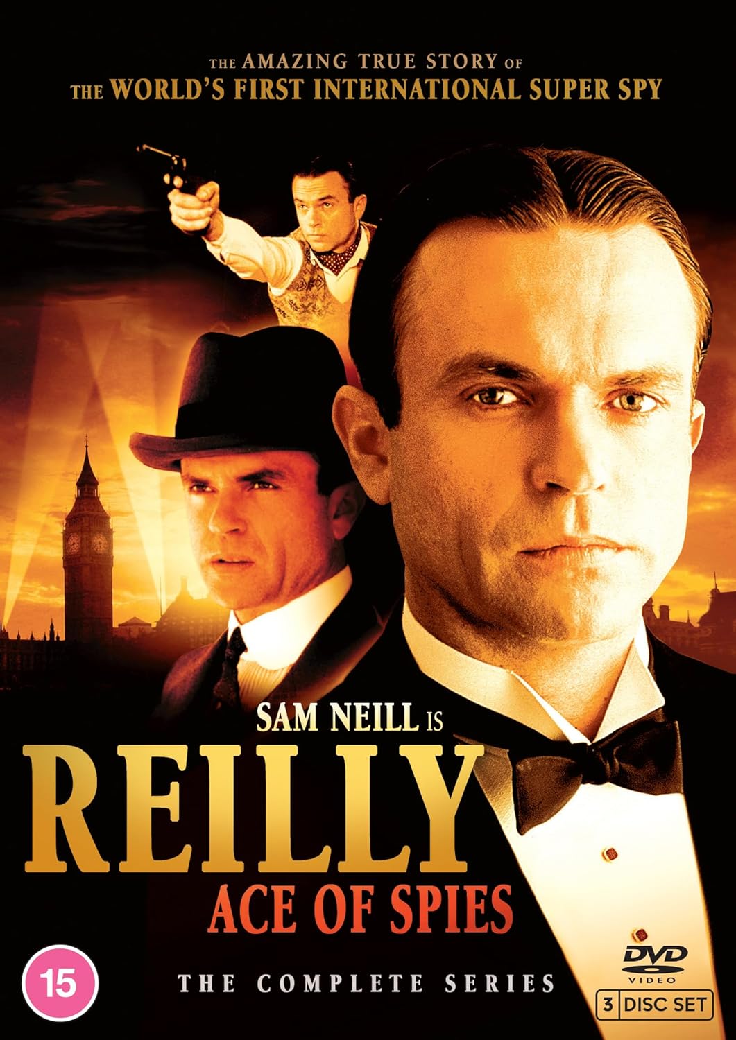DVD cover for "Reilly Ace Of Spies" featuring Sam Neill in period attire.