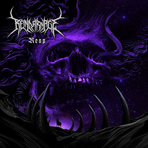 Purple skull and swirling smoke with a small figure below horns.