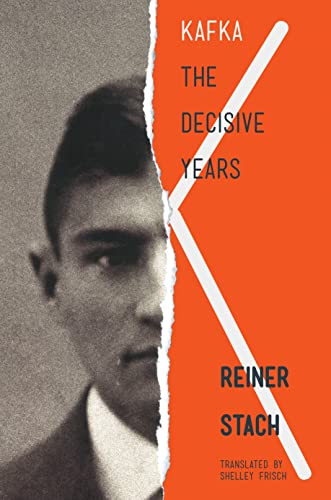 Book cover: black and white portrait of Franz Kafka, orange and white design.