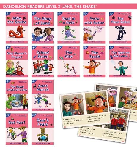 Collection of colorful children’s books, including “Jake, the Snake,” with sample pages.