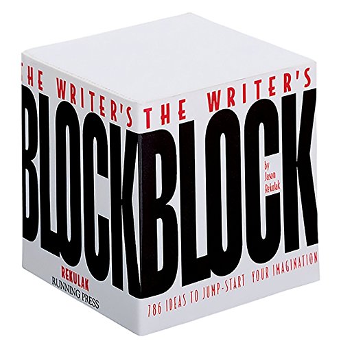 White cube-shaped book titled "The Writer's Block" with bold black lettering.